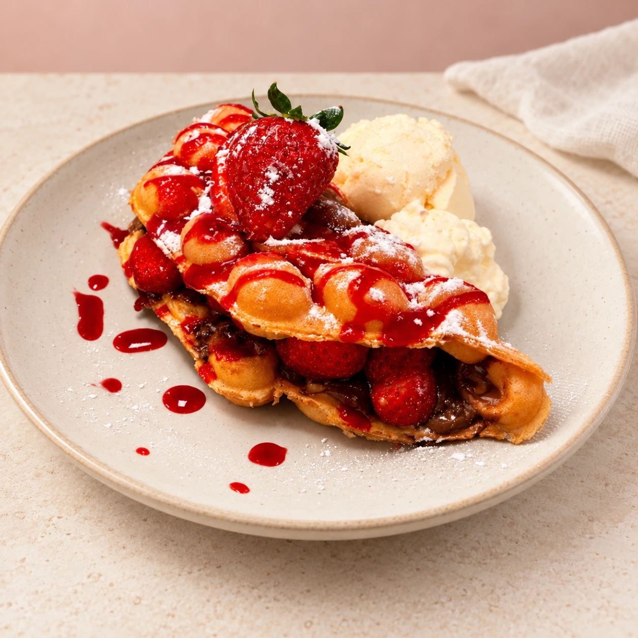 Waffle burbuja con fresas, crema de avellana y helado