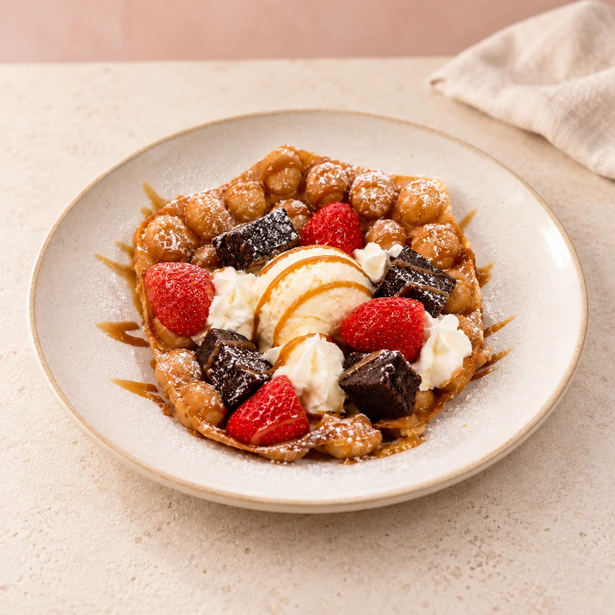 Burbu Brownie con fresas, arequipe, helado y chantilly