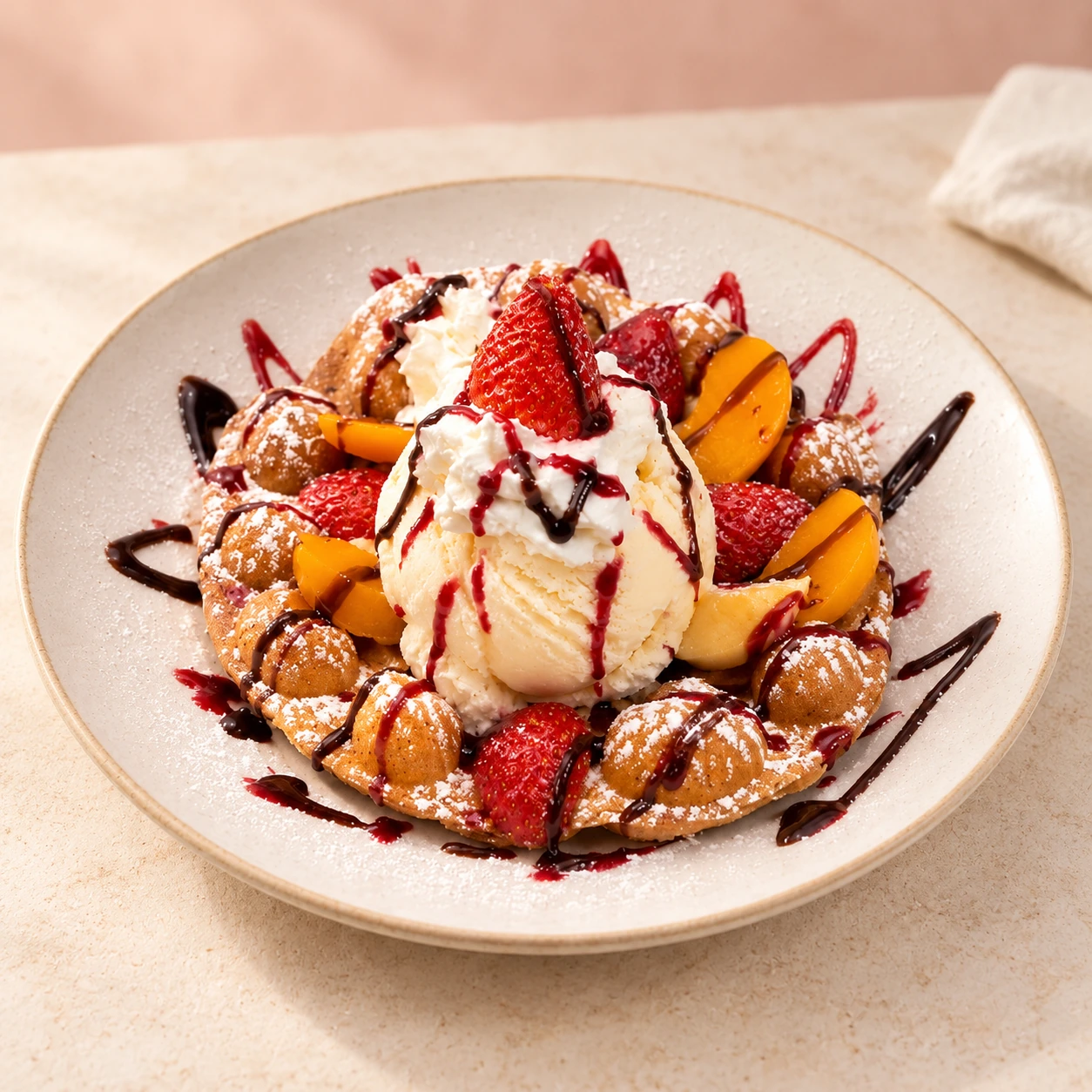 Burbu Frutas con fresas, durazno, helado y salsas, servido al plato