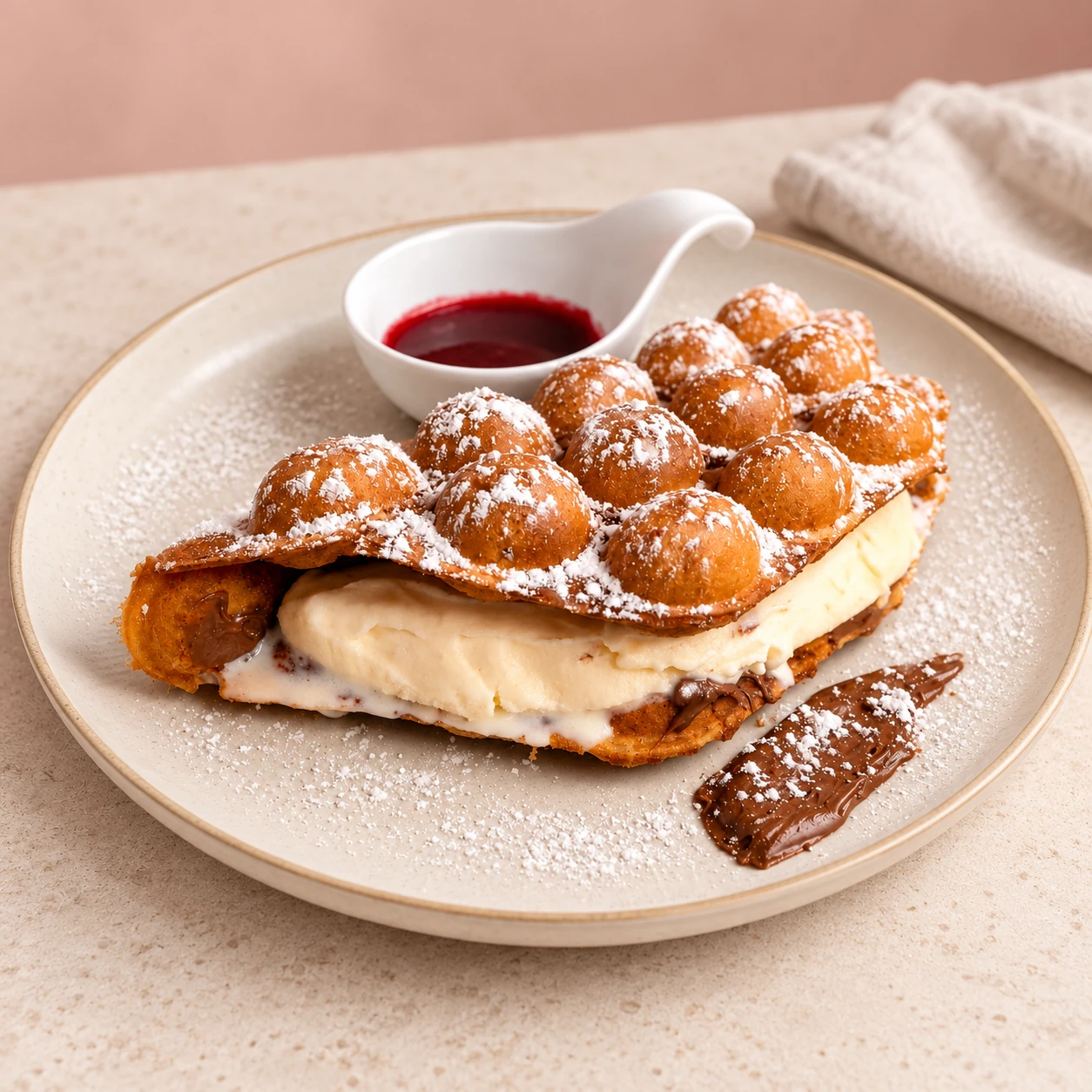 Burbu Platillo: waffle burbuja relleno de helado con salsa aparte