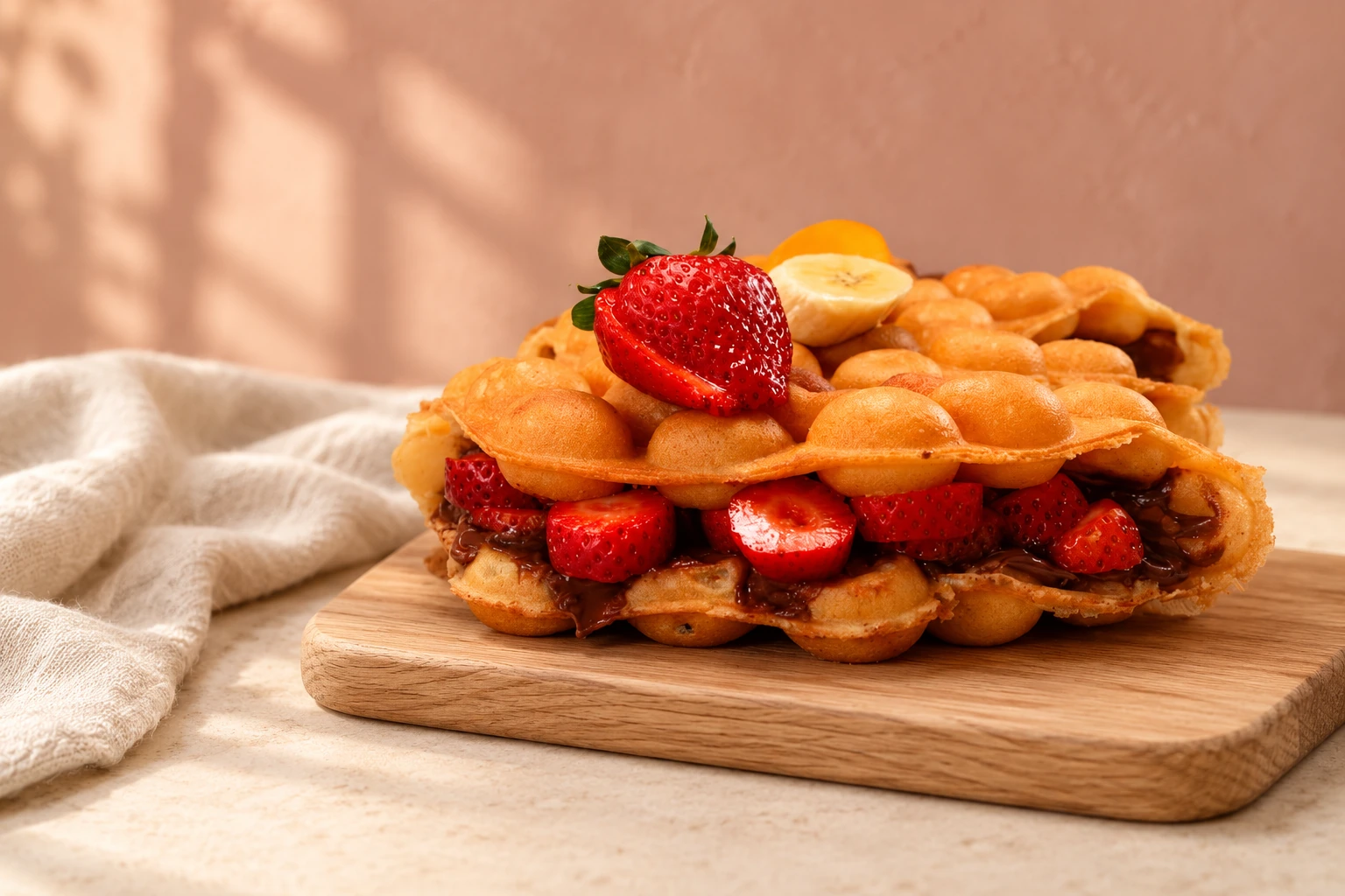Nuestro waffle burbuja de fresas y avellana, sobre una tabla de madera clara