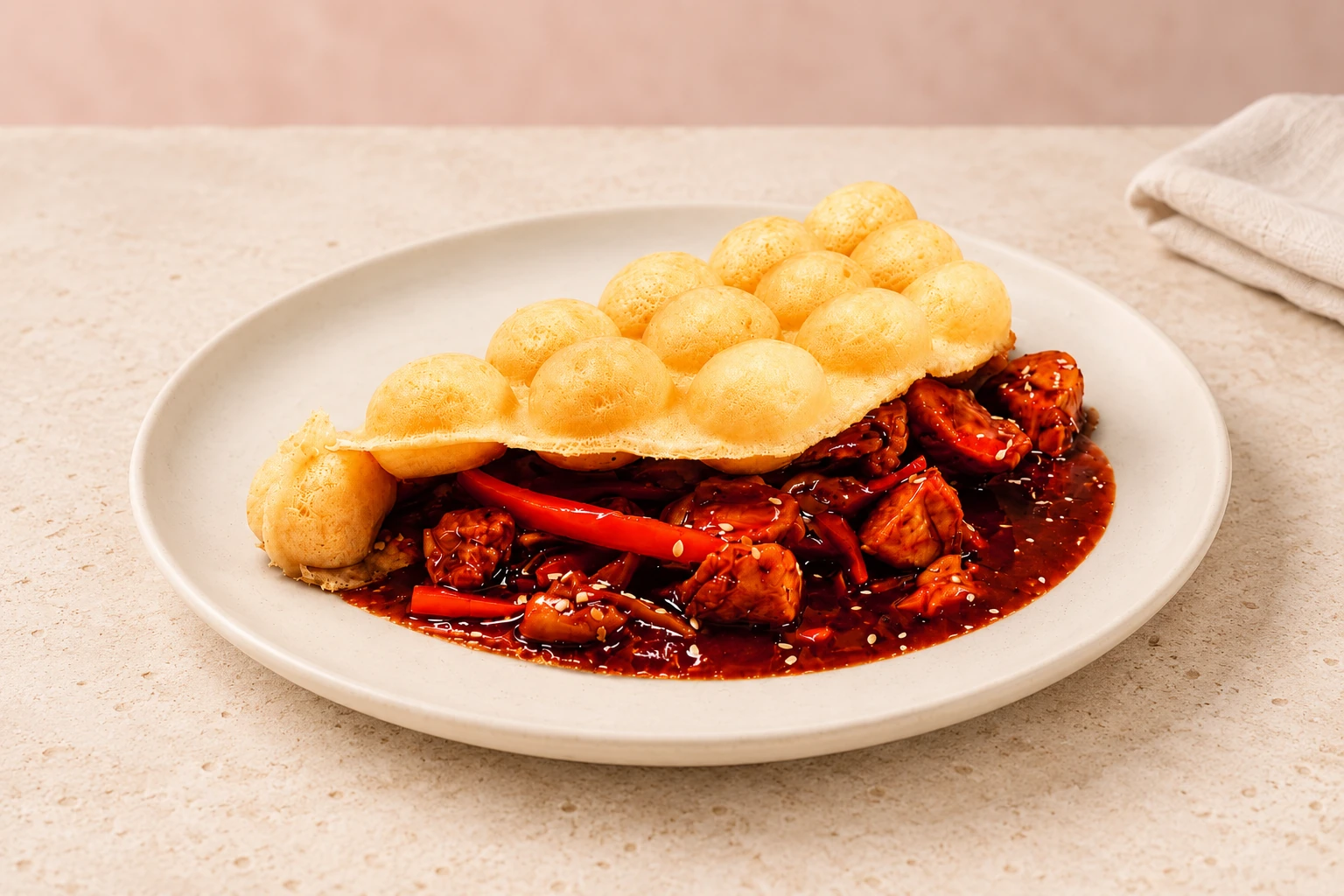 Waffle burbuja salado relleno de carne y salsa